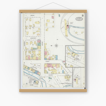 Old map wall art mockup — magnetic wood frame on white wall — Sanborn Fire Insurance Map from Berea, Cuyahoga County, Ohio (1893), Sheet #0003