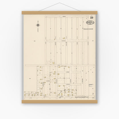 Old map wall art mockup — magnetic wood frame on white wall — Sanborn Fire Insurance Map from Gainesville, Cooke County, Texas (1922), Sheet #0019