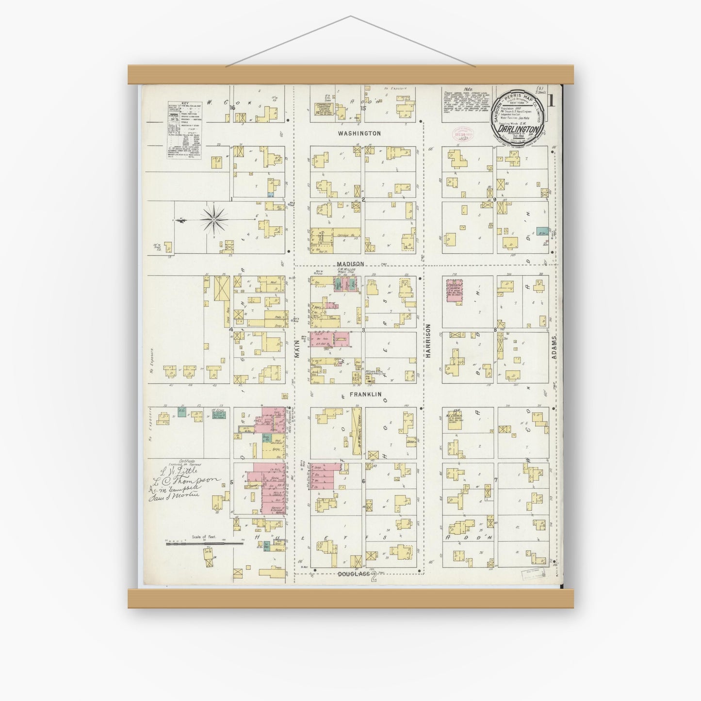 Old map wall art mockup — magnetic wood frame on white wall — Sanborn Fire Insurance Map from Darlington, Montgomery County, Indiana (1895) - Complete Map Set