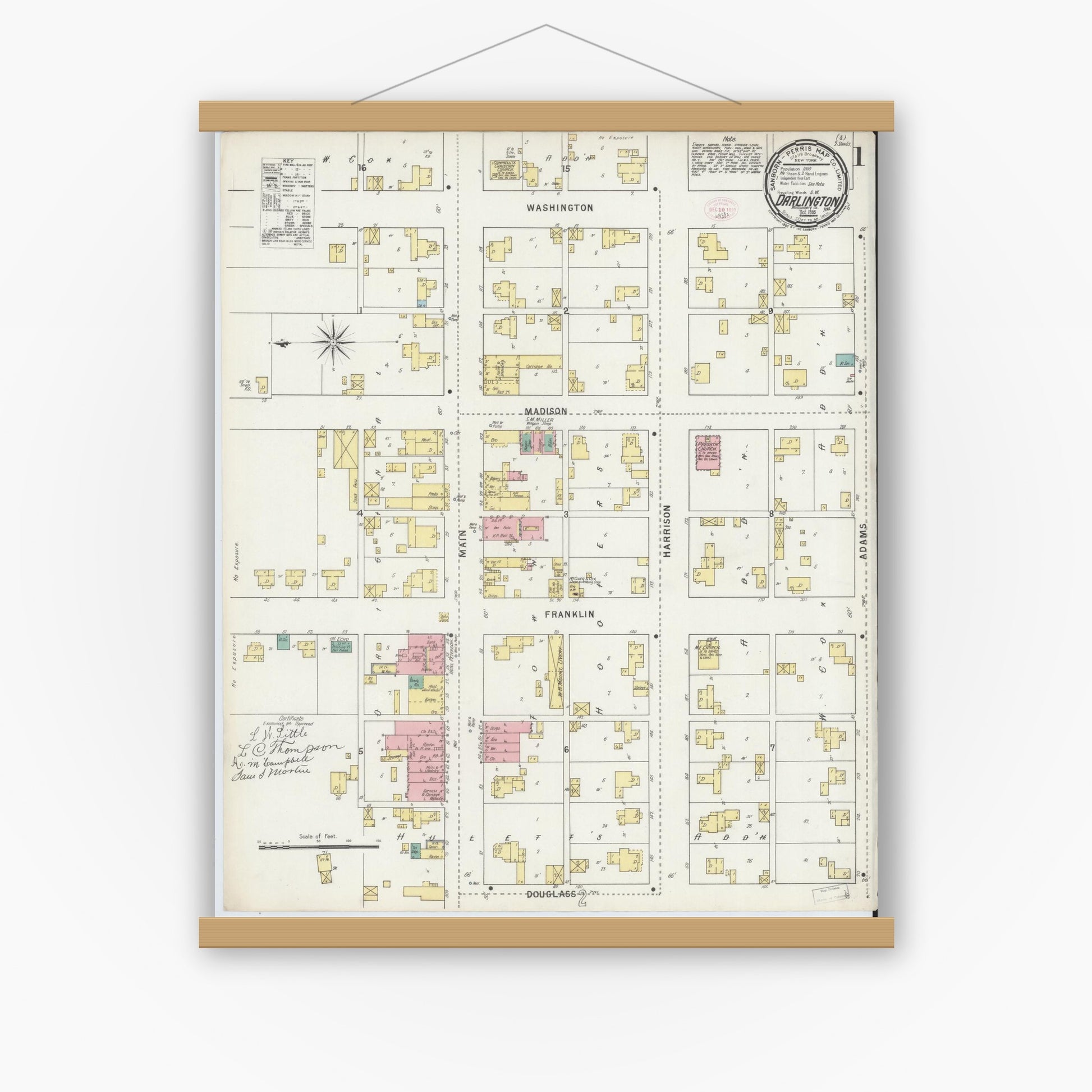 Old map wall art mockup — magnetic wood frame on white wall — Sanborn Fire Insurance Map from Darlington, Montgomery County, Indiana (1895) - Complete Map Set
