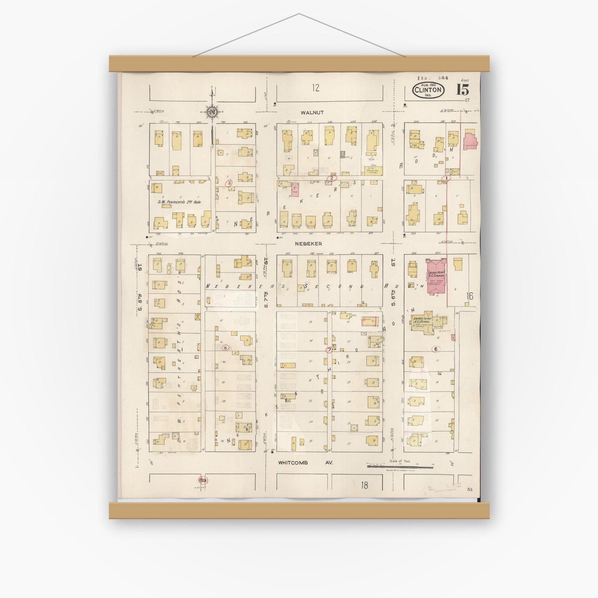 Old map wall art mockup — magnetic wood frame on white wall — Sanborn Fire Insurance Map from Clinton, Vermillion County, Indiana (1947), Sheet #0015