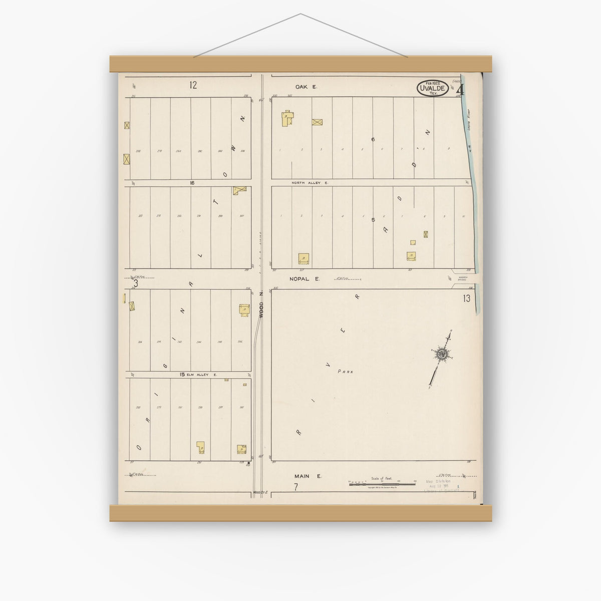 Old map wall art mockup — magnetic wood frame on white wall — Sanborn Fire Insurance Map from Uvalde, Uvalde County, Texas (1922), Sheet #0004