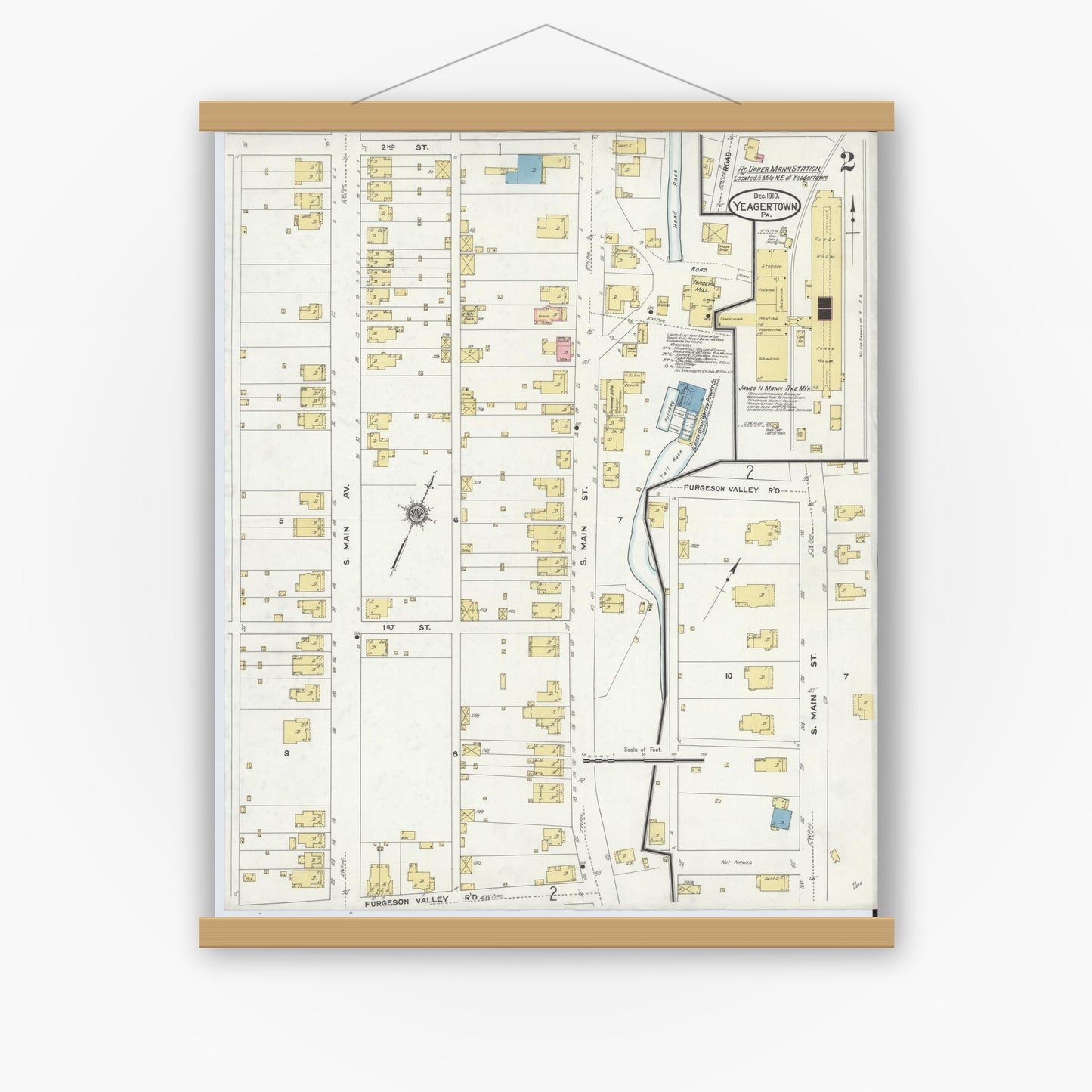 Old map wall art mockup — magnetic wood frame on white wall — Sanborn Fire Insurance Map from Yeagertown, Mifflin County, Pennsylvania (1910), Sheet #0002
