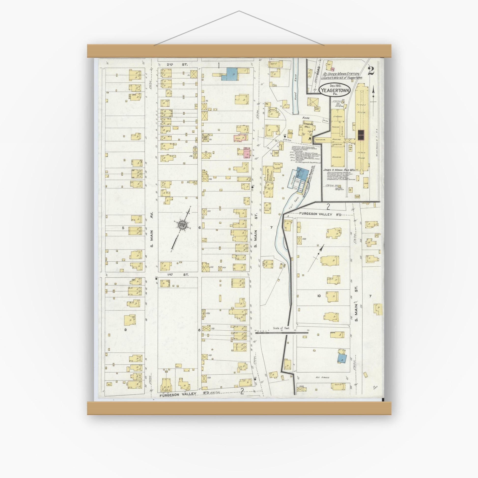 Old map wall art mockup — magnetic wood frame on white wall — Sanborn Fire Insurance Map from Yeagertown, Mifflin County, Pennsylvania (1910), Sheet #0002