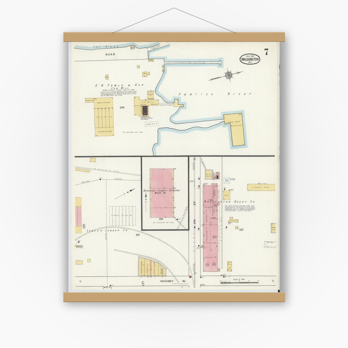 Old map wall art mockup — magnetic wood frame on white wall — Sanborn Fire Insurance Map from Washington, Beaufort County, North Carolina (1916), Sheet #0007
