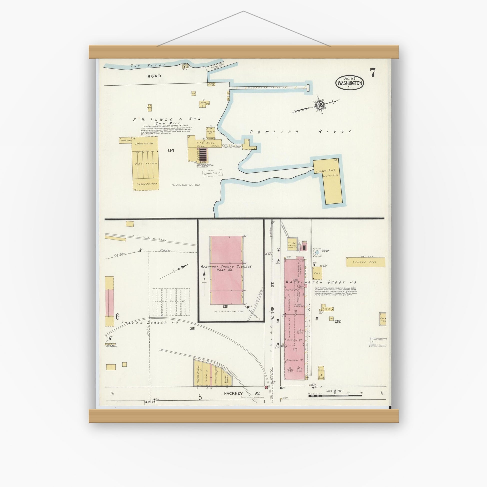 Old map wall art mockup — magnetic wood frame on white wall — Sanborn Fire Insurance Map from Washington, Beaufort County, North Carolina (1916), Sheet #0007