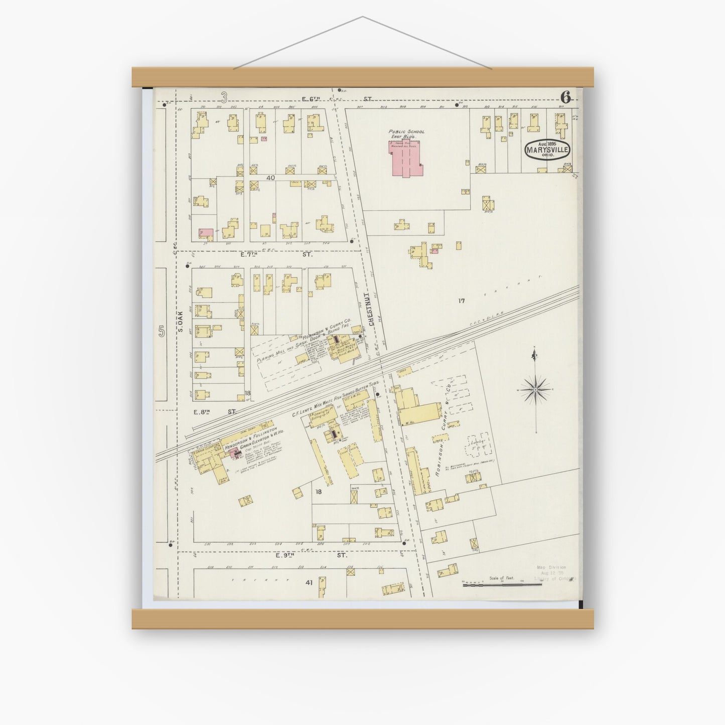 Old map wall art mockup — magnetic wood frame on white wall — Sanborn Fire Insurance Map from Marysville, Union County, Ohio (1895), Sheet #0006