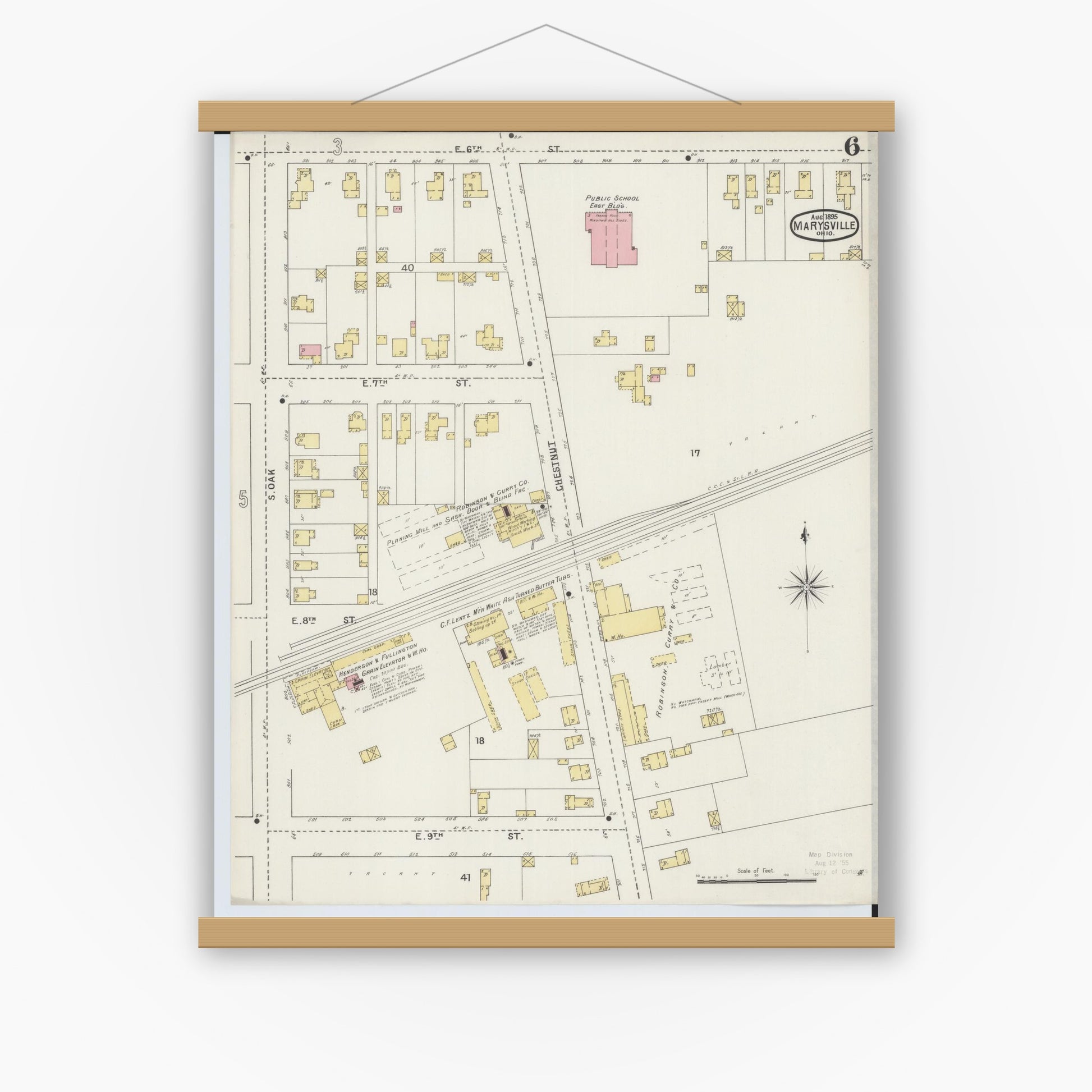 Old map wall art mockup — magnetic wood frame on white wall — Sanborn Fire Insurance Map from Marysville, Union County, Ohio (1895), Sheet #0006