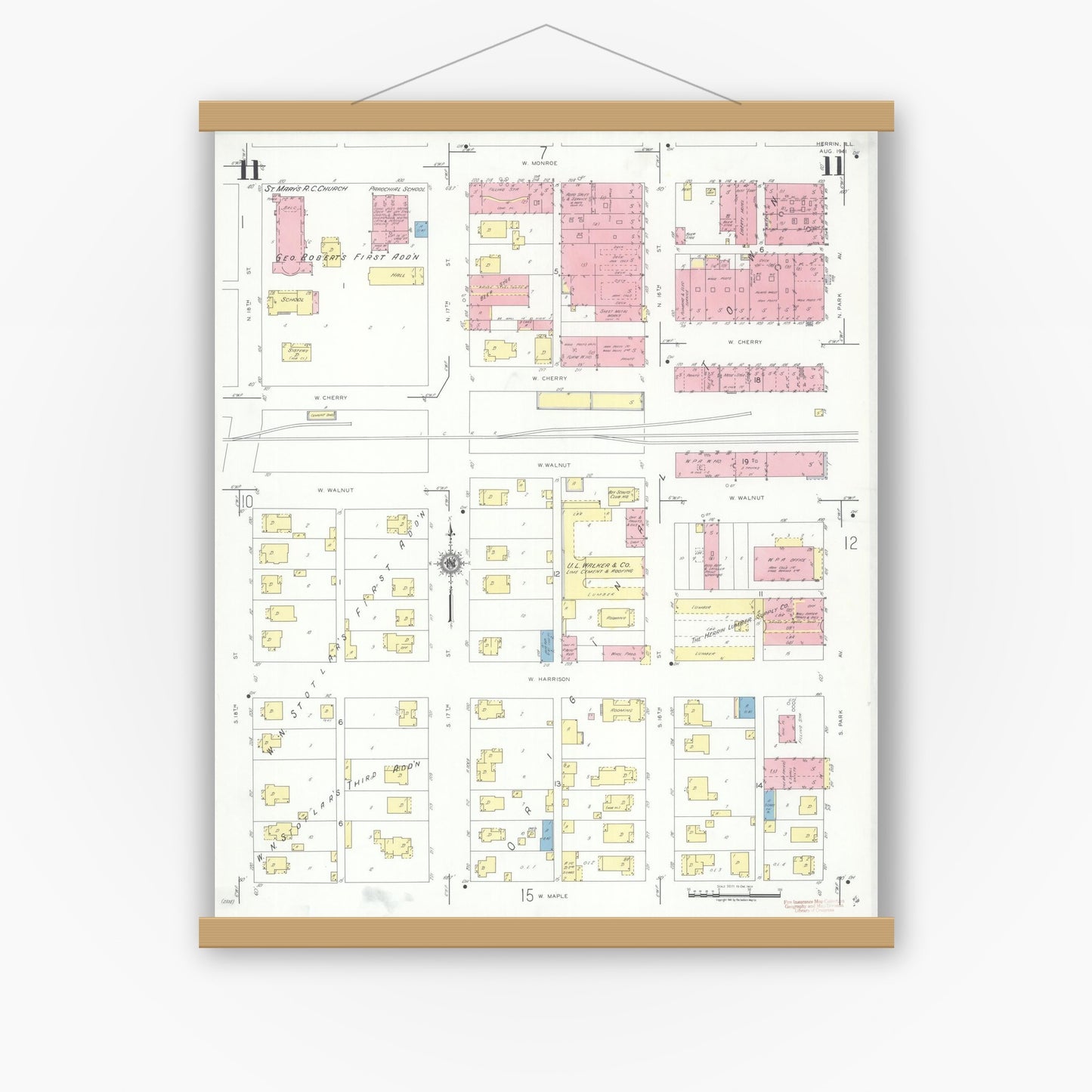 Old map wall art mockup — magnetic wood frame on white wall — Sanborn Fire Insurance Map from Herrin, Williamson County, Illinois (1941), Sheet #0011