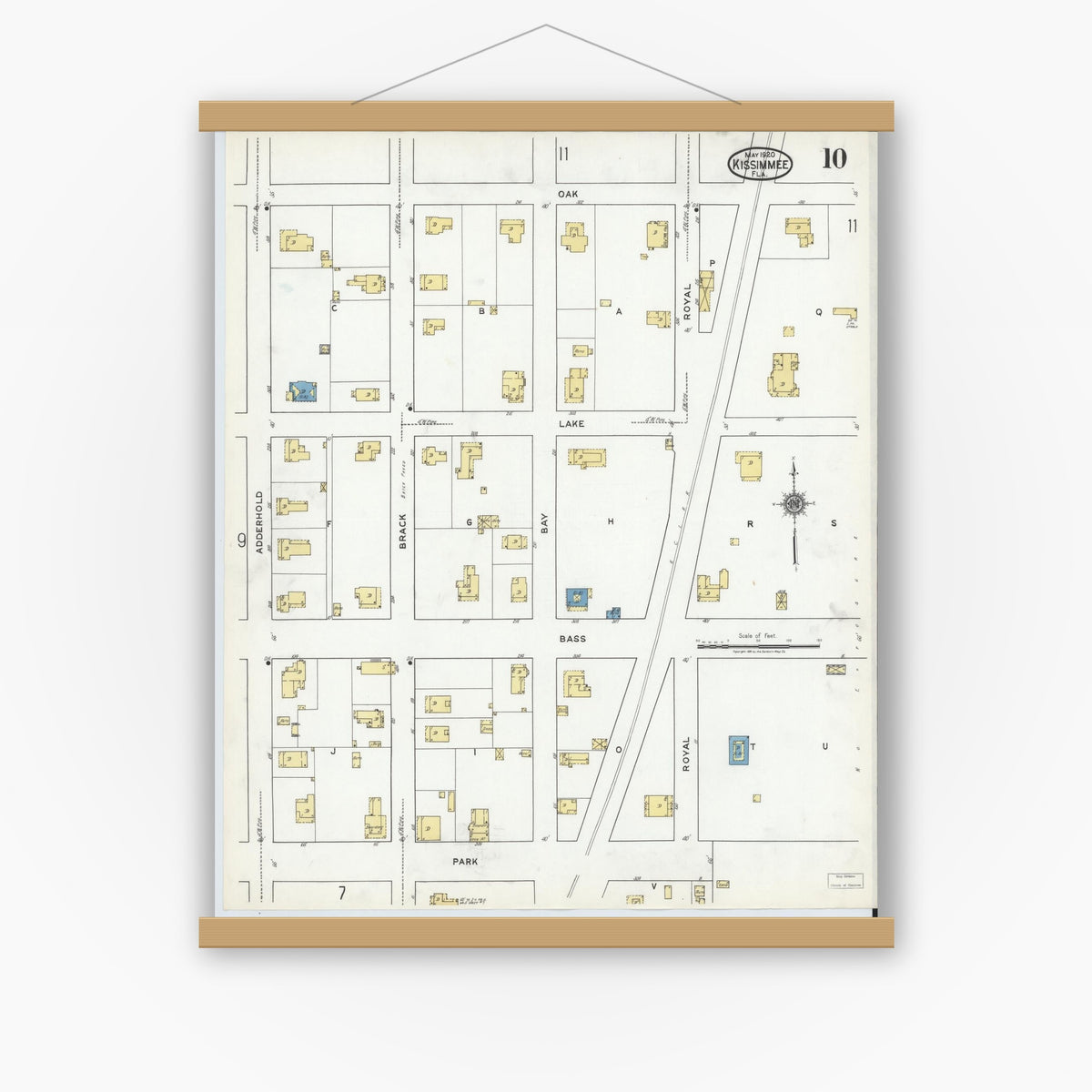 Old map wall art mockup — magnetic wood frame on white wall — Sanborn Fire Insurance Map from Kissimmee, Osceola County, Florida (1920), Sheet #0010