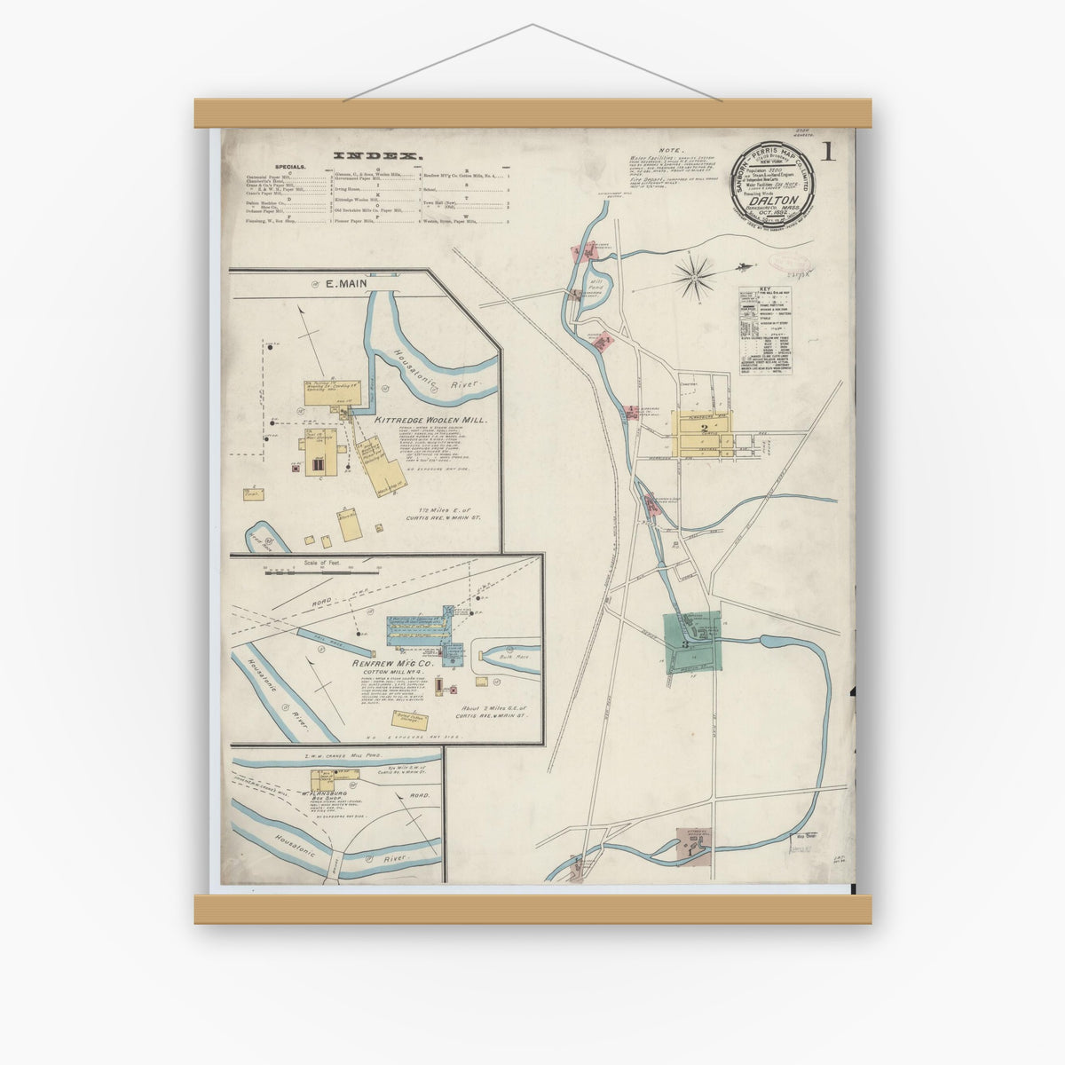 Old map wall art mockup — magnetic wood frame on white wall — Sanborn Fire Insurance Map from Dalton, Berkshire County, Massachusetts (1892) - Complete Map Set