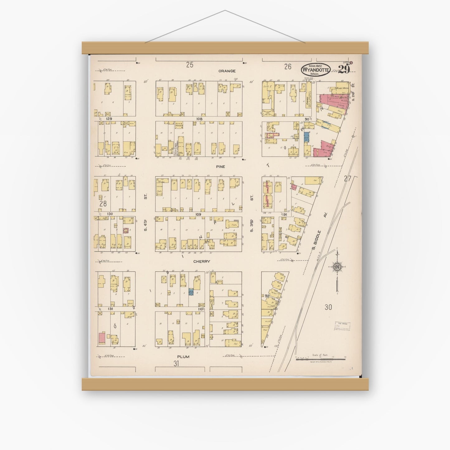 Old map wall art mockup — magnetic wood frame on white wall — Sanborn Fire Insurance Map from Wyandotte, Wayne County, Michigan (1922), Sheet #0029