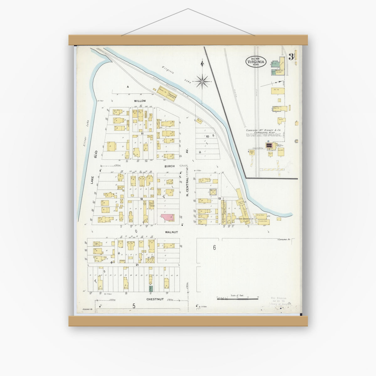 Old map wall art mockup — magnetic wood frame on white wall — Sanborn Fire Insurance Map from Virginia, Saint Louis County, Minnesota (1908), Sheet #0003