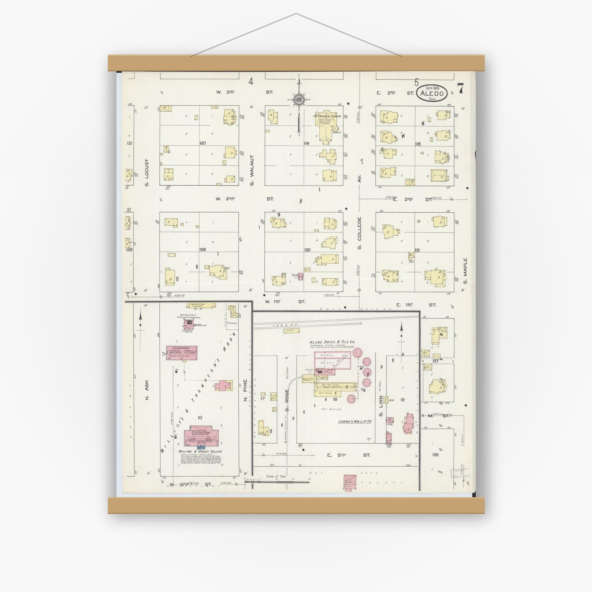 Old map wall art mockup — magnetic wood frame on white wall — Sanborn Fire Insurance Map from Aledo, Mercer County, Illinois (1913), Sheet #0007