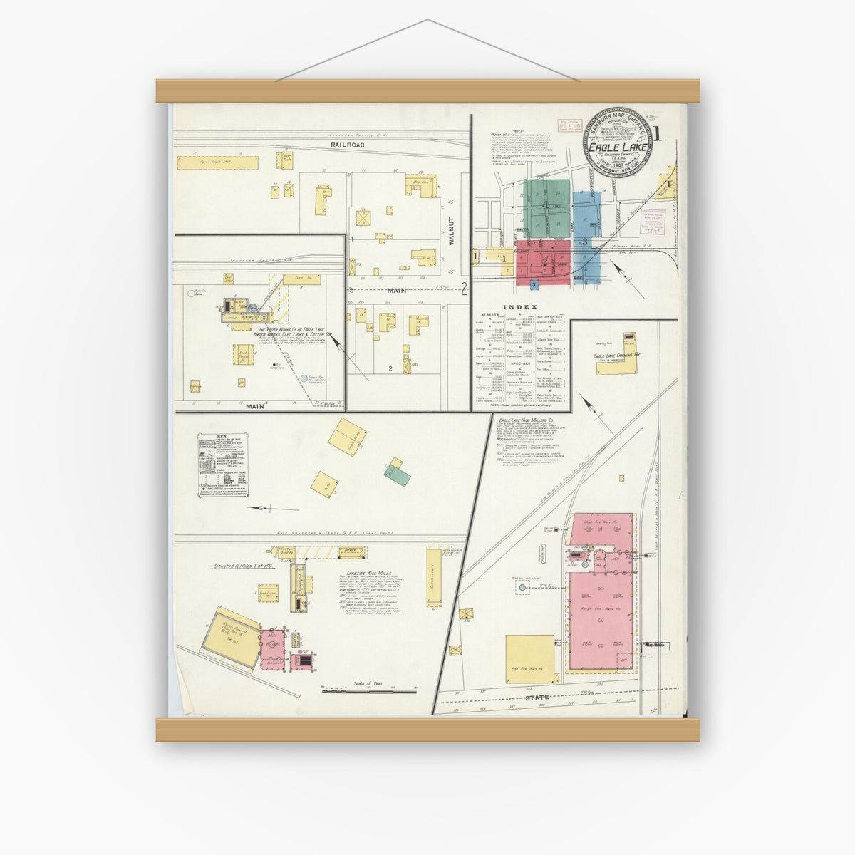 Old map wall art mockup — magnetic wood frame on white wall — Sanborn Fire Insurance Map from Eagle Lake, Colorado County, Texas (1907), Sheet #0001