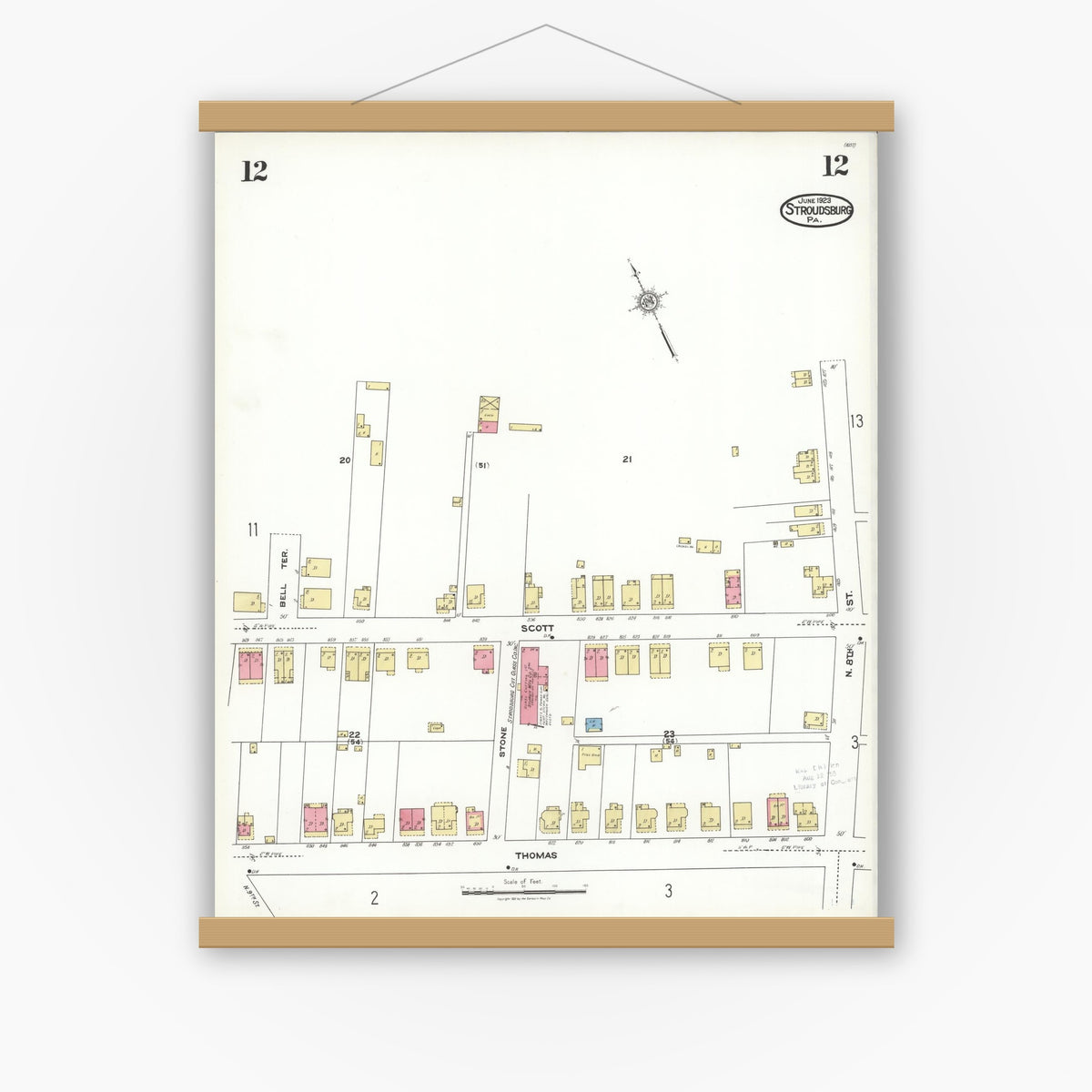 Old map wall art mockup — magnetic wood frame on white wall — Sanborn Fire Insurance Map from Stroudsburg, Monroe County, Pennsylvania (1923), Sheet #0012