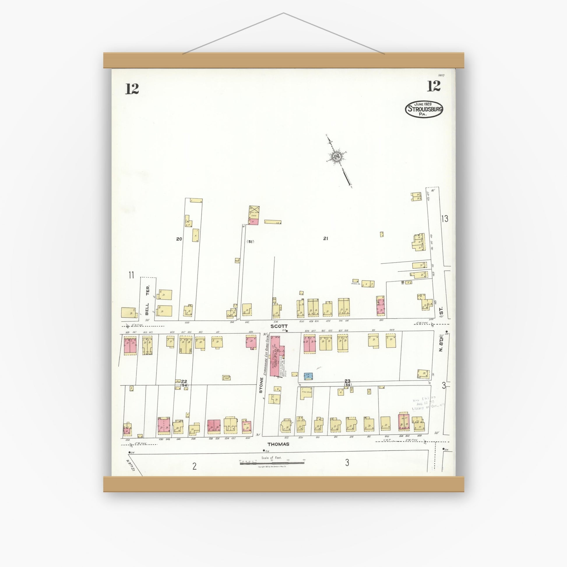 Old map wall art mockup — magnetic wood frame on white wall — Sanborn Fire Insurance Map from Stroudsburg, Monroe County, Pennsylvania (1923), Sheet #0012