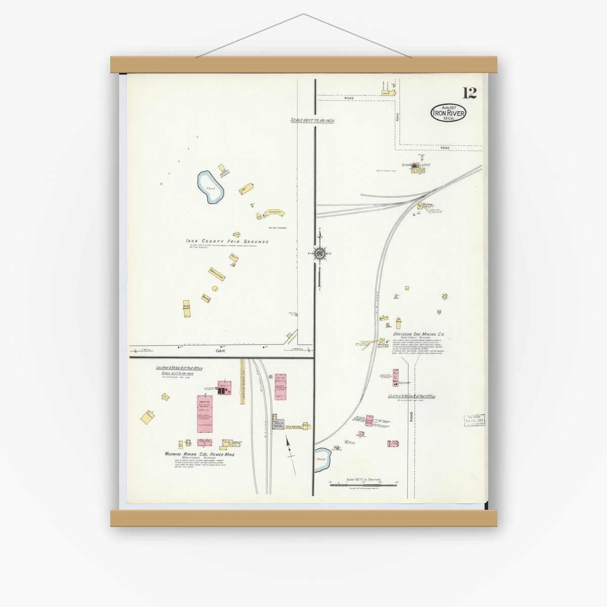 Old map wall art mockup — magnetic wood frame on white wall — Sanborn Fire Insurance Map from Iron River, Iron County, Michigan (1917), Sheet #0012