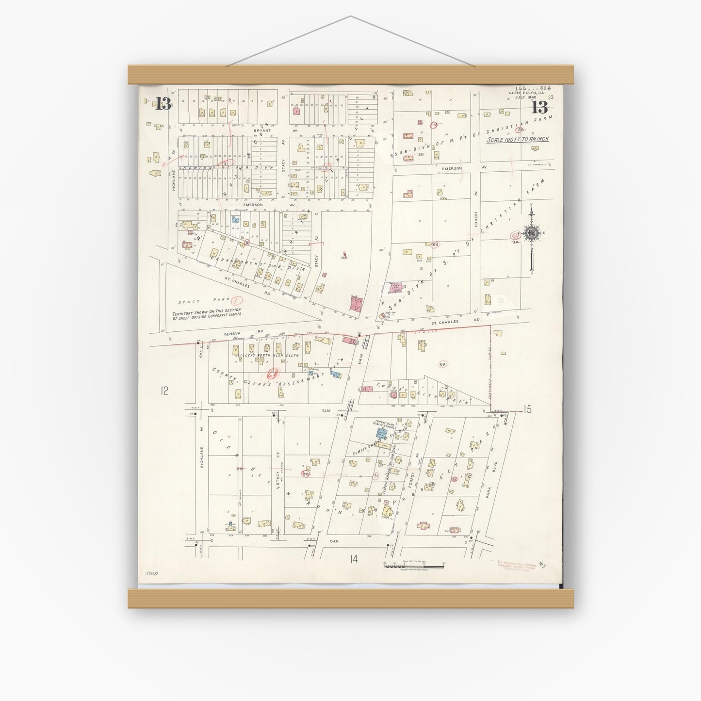 Old map wall art mockup — magnetic wood frame on white wall — Sanborn Fire Insurance Map from Glen Ellyn, Du Page County, Illinois (1946), Sheet #0013