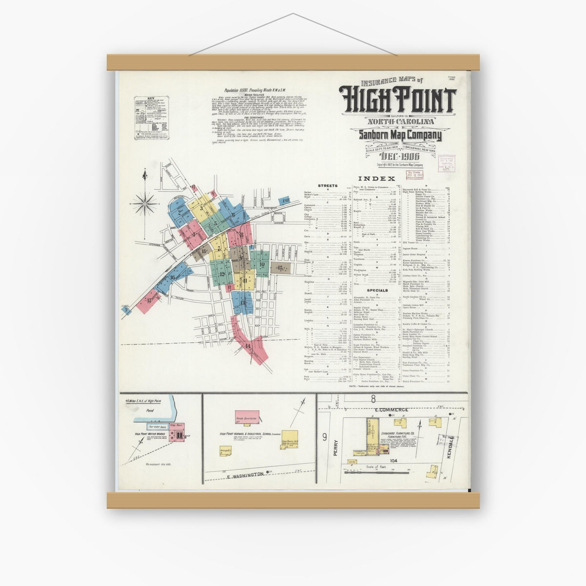 Old map wall art mockup — magnetic wood frame on white wall — Sanborn Fire Insurance Map from High Point, Guilford County, North Carolina (1906) - Complete Map Set