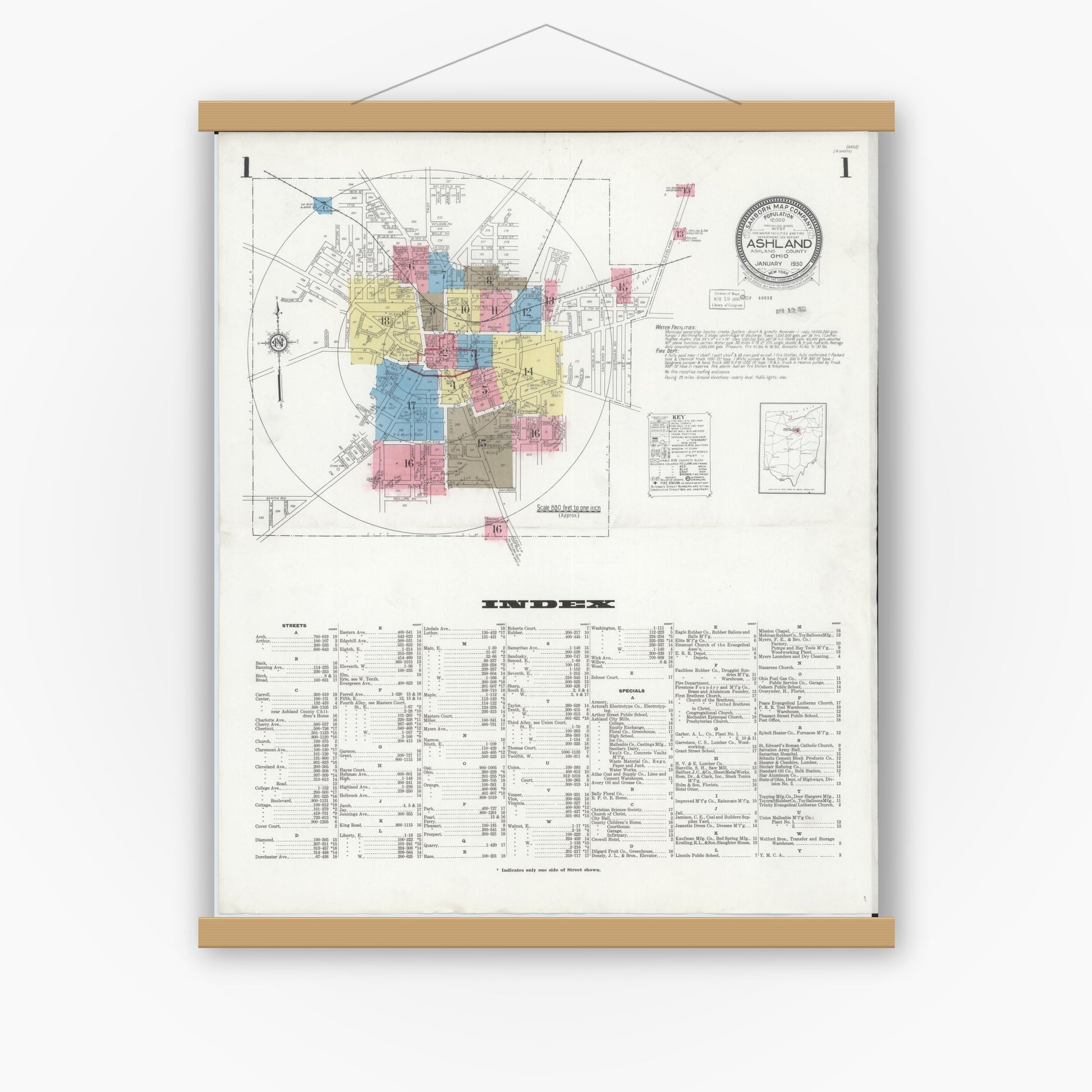 Old map wall art mockup — magnetic wood frame on white wall — Sanborn Fire Insurance Map from Ashland, Ashland County, Ohio (1930) - Complete Map Set