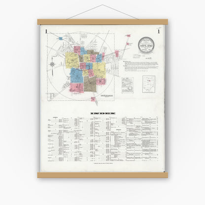 Old map wall art mockup — magnetic wood frame on white wall — Sanborn Fire Insurance Map from Ashland, Ashland County, Ohio (1930) - Complete Map Set