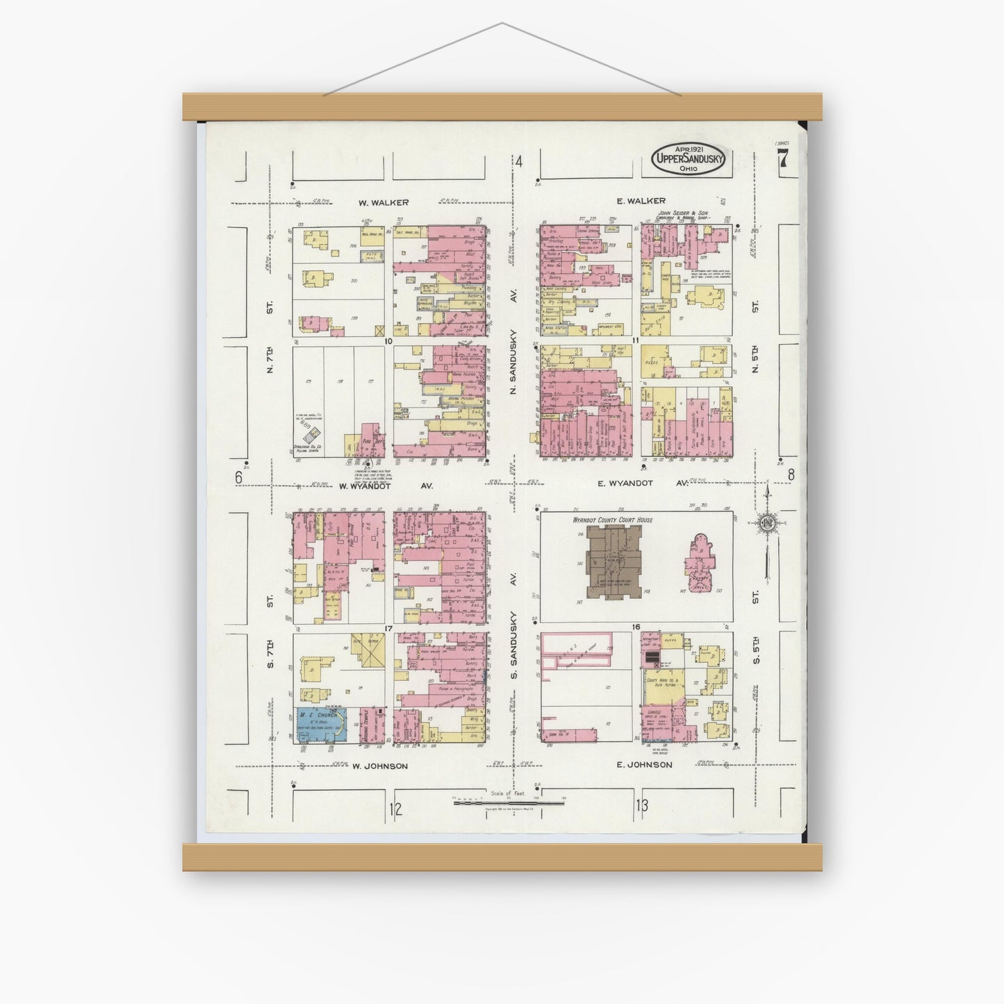 Old map wall art mockup — magnetic wood frame on white wall — Sanborn Fire Insurance Map from Upper Sandusky, Wyandot County, Ohio (1921), Sheet #0007
