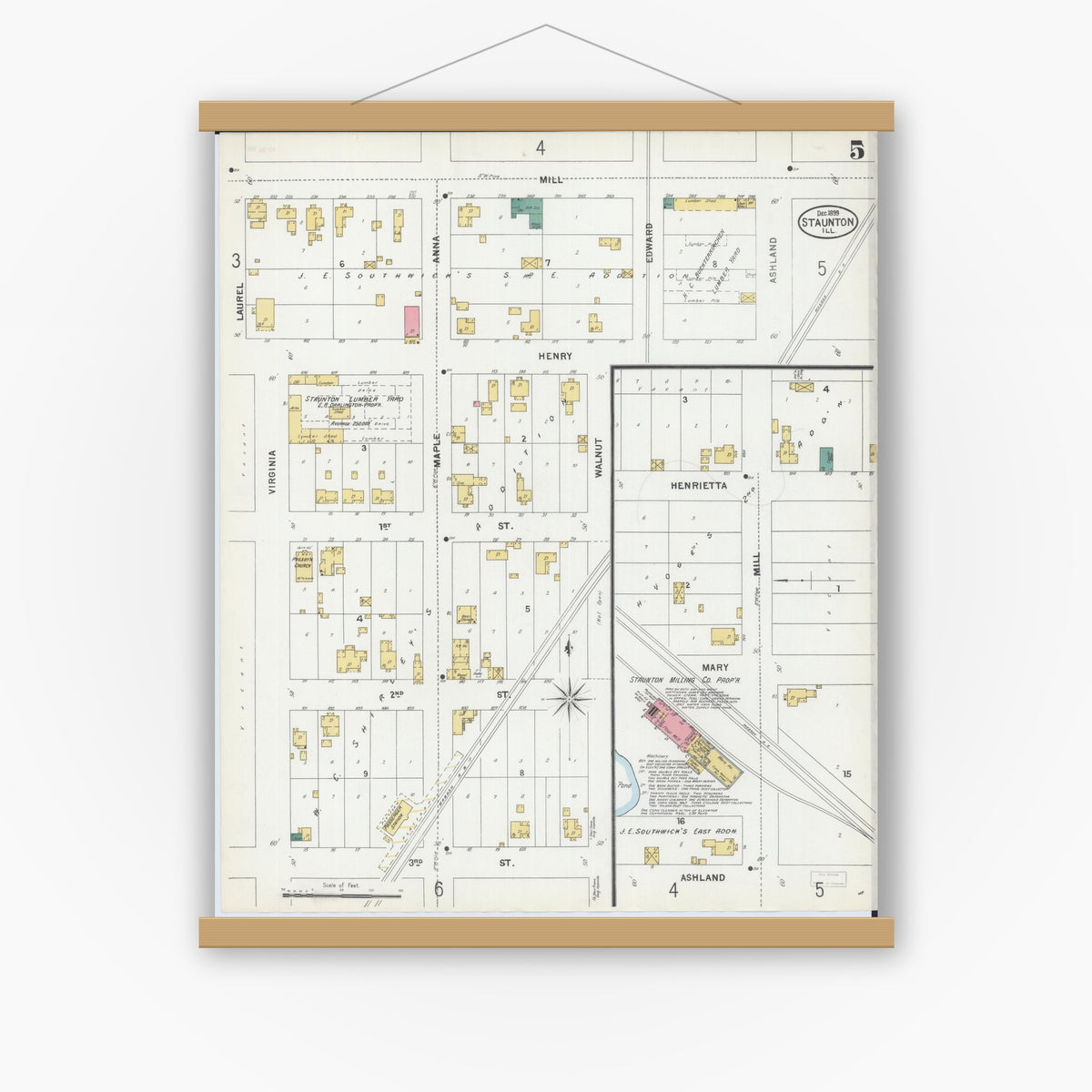 Old map wall art mockup — magnetic wood frame on white wall — Sanborn Fire Insurance Map from Staunton, Macoupin County, Illinois (1899), Sheet #0005