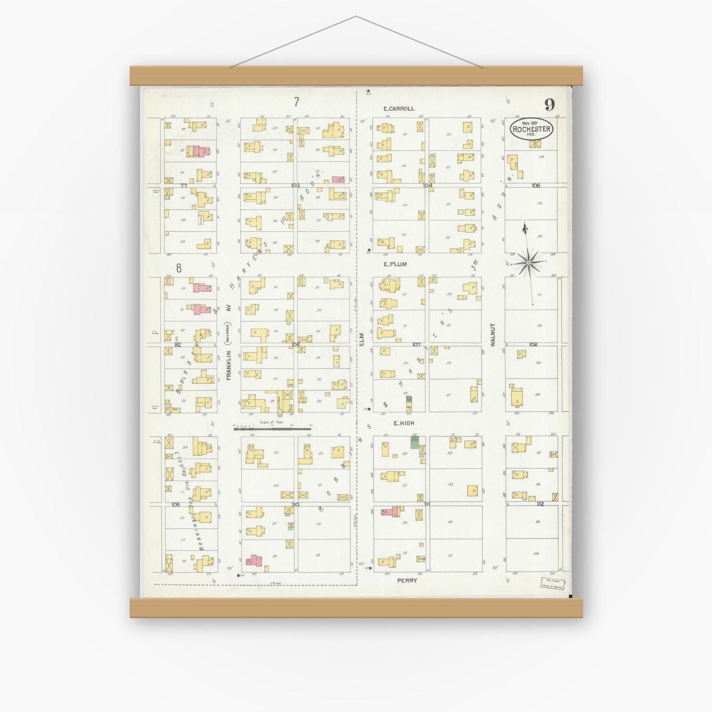 Old map wall art mockup — magnetic wood frame on white wall — Sanborn Fire Insurance Map from Rochester, Fulton County, Indiana (1901), Sheet #0009