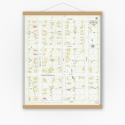 Old map wall art mockup — magnetic wood frame on white wall — Sanborn Fire Insurance Map from Rochester, Fulton County, Indiana (1901), Sheet #0009