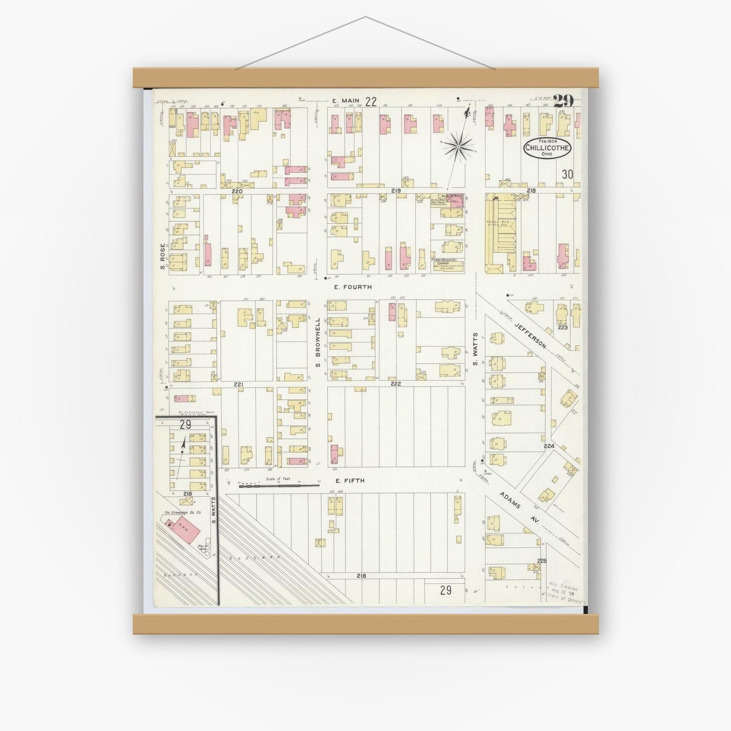 Old map wall art mockup — magnetic wood frame on white wall — Sanborn Fire Insurance Map from Chillicothe, Ross County, Ohio (1909), Sheet #0029