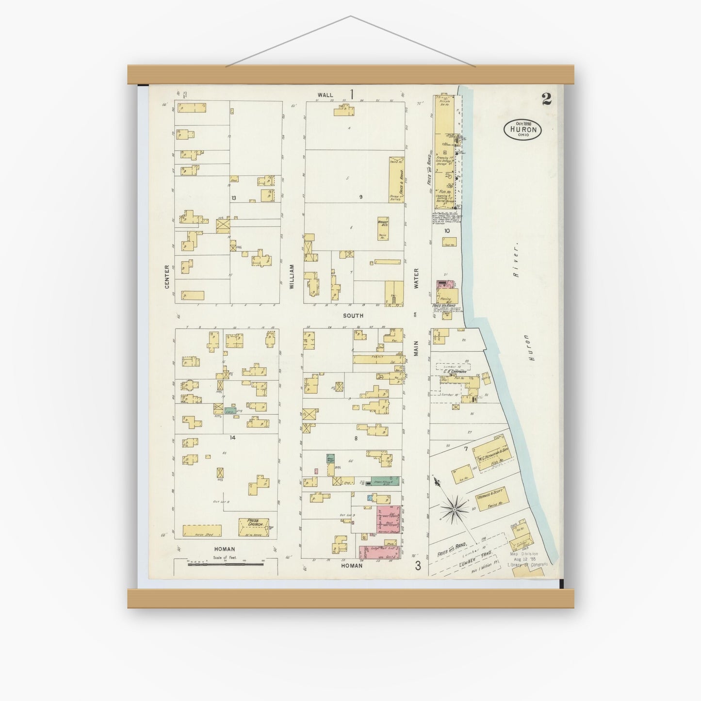 Old map wall art mockup — magnetic wood frame on white wall — Sanborn Fire Insurance Map from Huron, Erie County, Ohio (1898), Sheet #0002