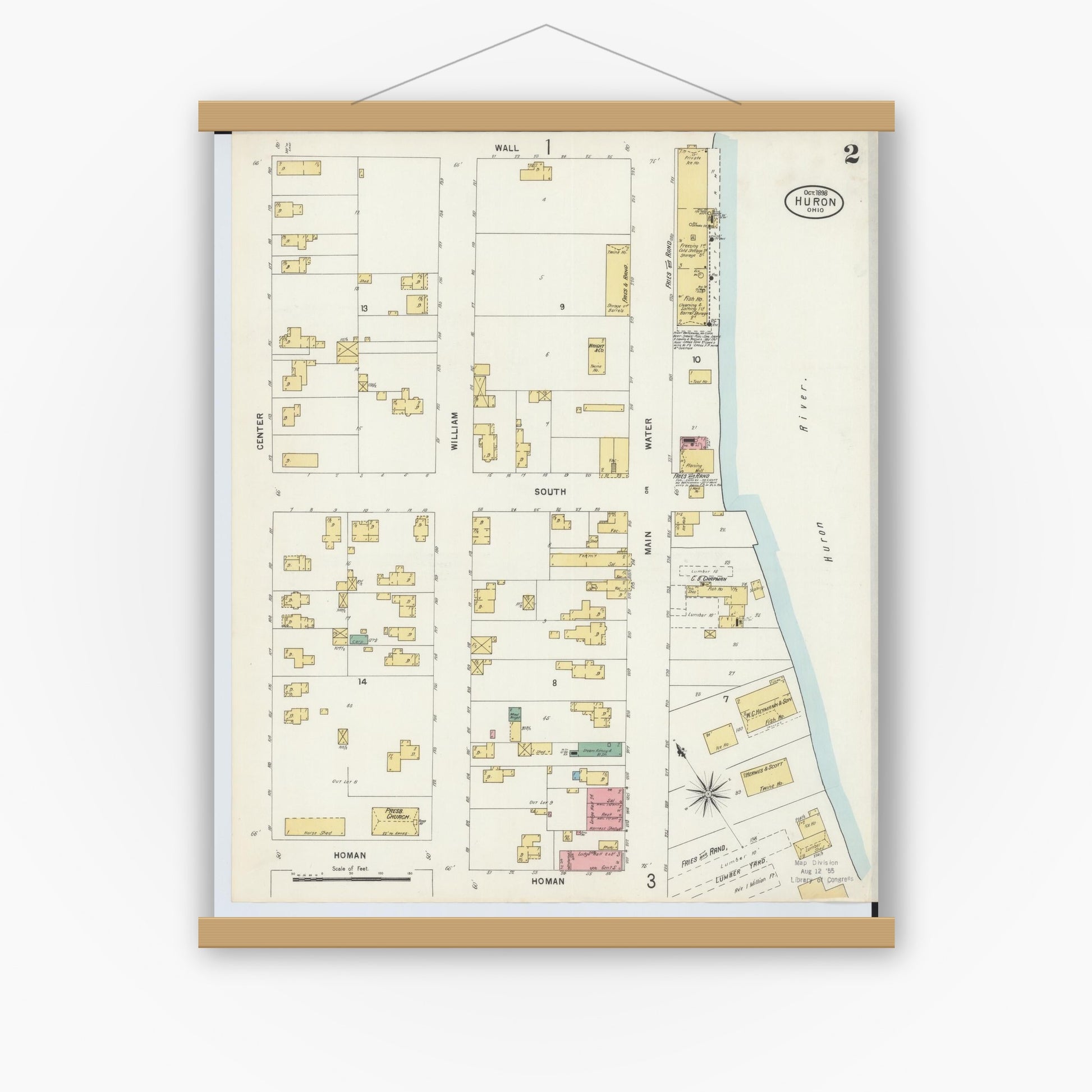 Old map wall art mockup — magnetic wood frame on white wall — Sanborn Fire Insurance Map from Huron, Erie County, Ohio (1898), Sheet #0002