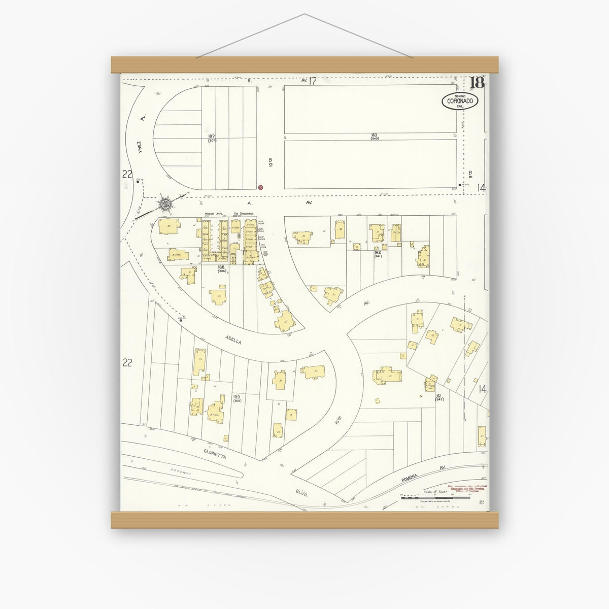 Old map wall art mockup — magnetic wood frame on white wall — Sanborn Fire Insurance Map from Coronado, San Diego County, California (1921), Sheet #0018