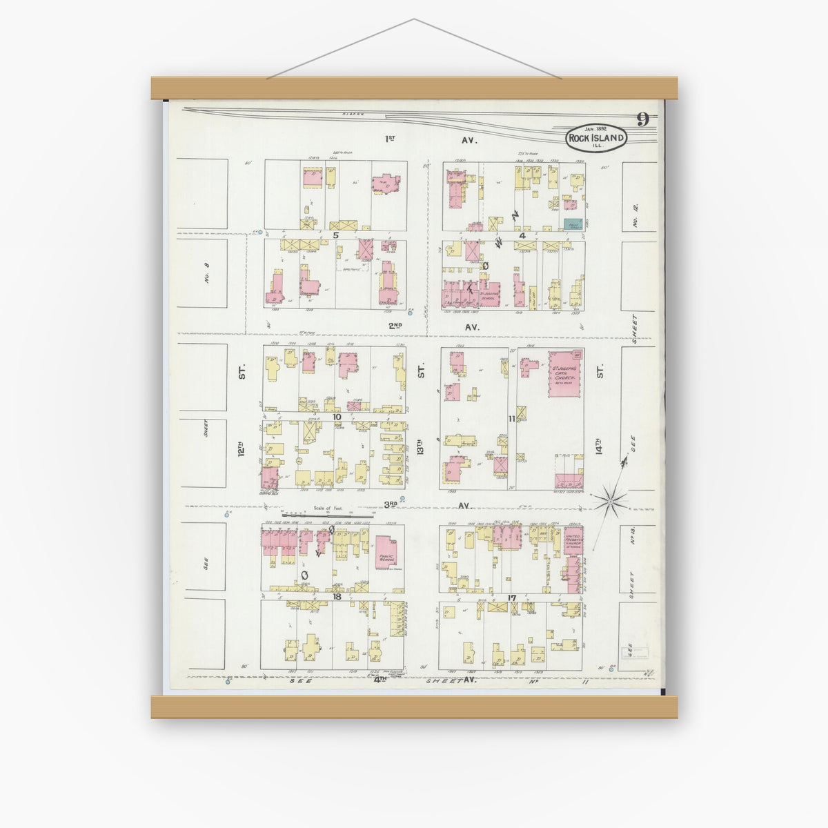 Old map wall art mockup — magnetic wood frame on white wall — Sanborn Fire Insurance Map from Rock Island, Rock Island County, Illinois (1892), Sheet #0009