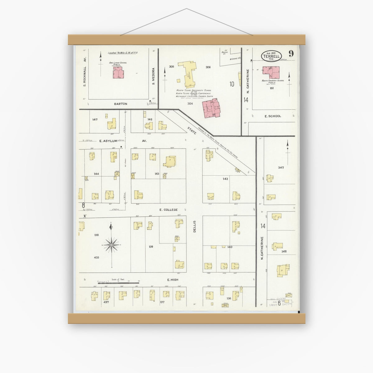 Old map wall art mockup — magnetic wood frame on white wall — Sanborn Fire Insurance Map from Terrell, Kaufman County, Texas (1909), Sheet #0009