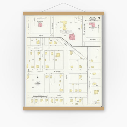 Old map wall art mockup — magnetic wood frame on white wall — Sanborn Fire Insurance Map from Terrell, Kaufman County, Texas (1909), Sheet #0009