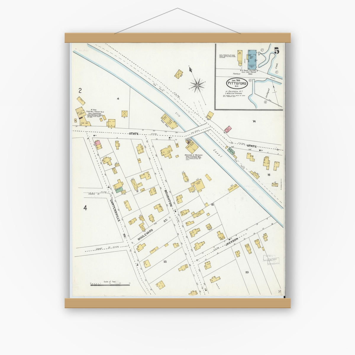 Old map wall art mockup — magnetic wood frame on white wall — Sanborn Fire Insurance Map from Pittsford, Monroe County, New York (1905), Sheet #0005
