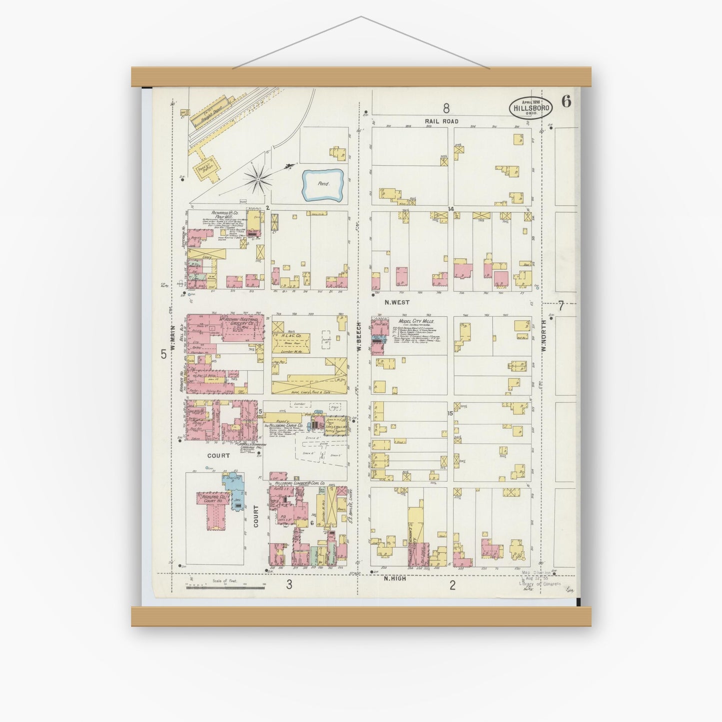 Old map wall art mockup — magnetic wood frame on white wall — Sanborn Fire Insurance Map from Hillsboro, Highland County, Ohio (1898), Sheet #0006
