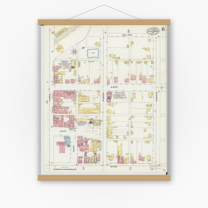 Old map wall art mockup — magnetic wood frame on white wall — Sanborn Fire Insurance Map from Hillsboro, Highland County, Ohio (1898), Sheet #0006