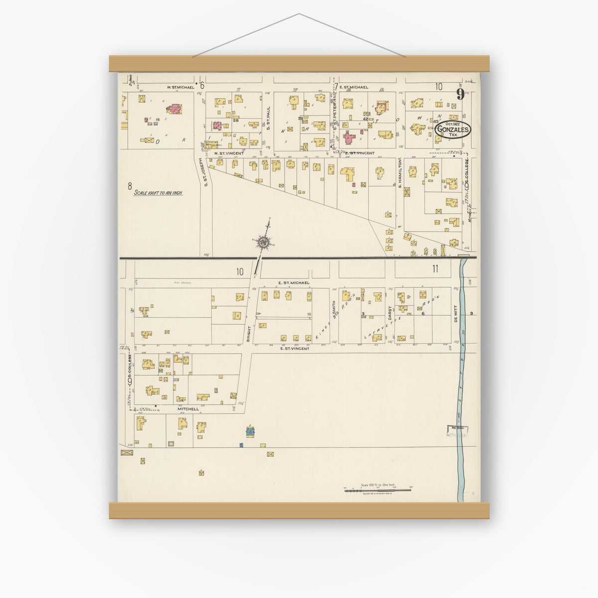 Old map wall art mockup — magnetic wood frame on white wall — Sanborn Fire Insurance Map from Gonzales, Gonzales County, Texas (1922), Sheet #0009