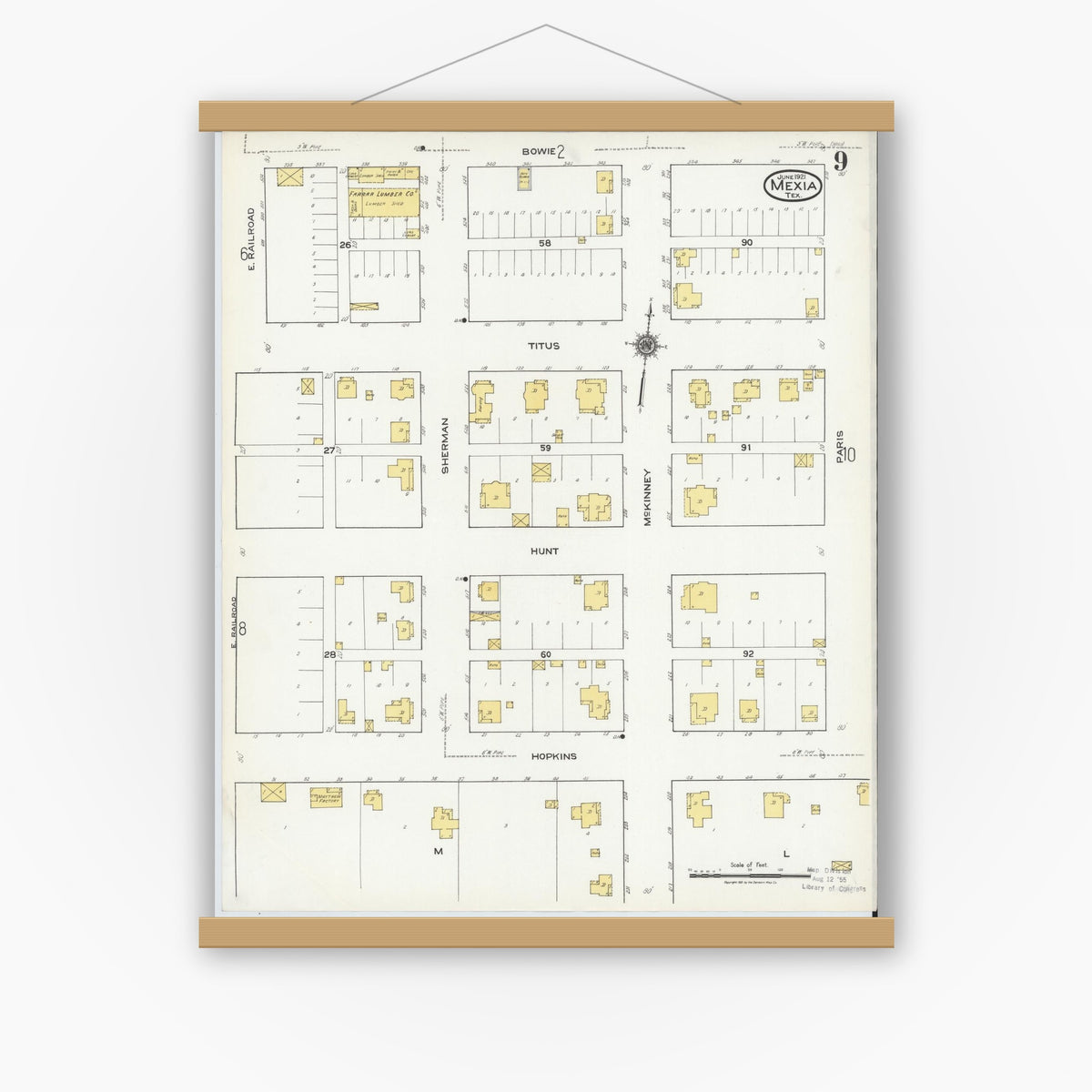 Old map wall art mockup — magnetic wood frame on white wall — Sanborn Fire Insurance Map from Mexia, Limestone County, Texas (1921), Sheet #0009