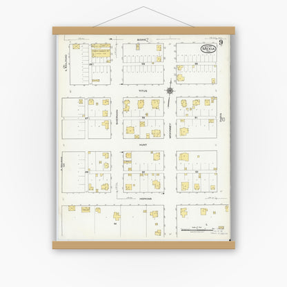 Old map wall art mockup — magnetic wood frame on white wall — Sanborn Fire Insurance Map from Mexia, Limestone County, Texas (1921), Sheet #0009