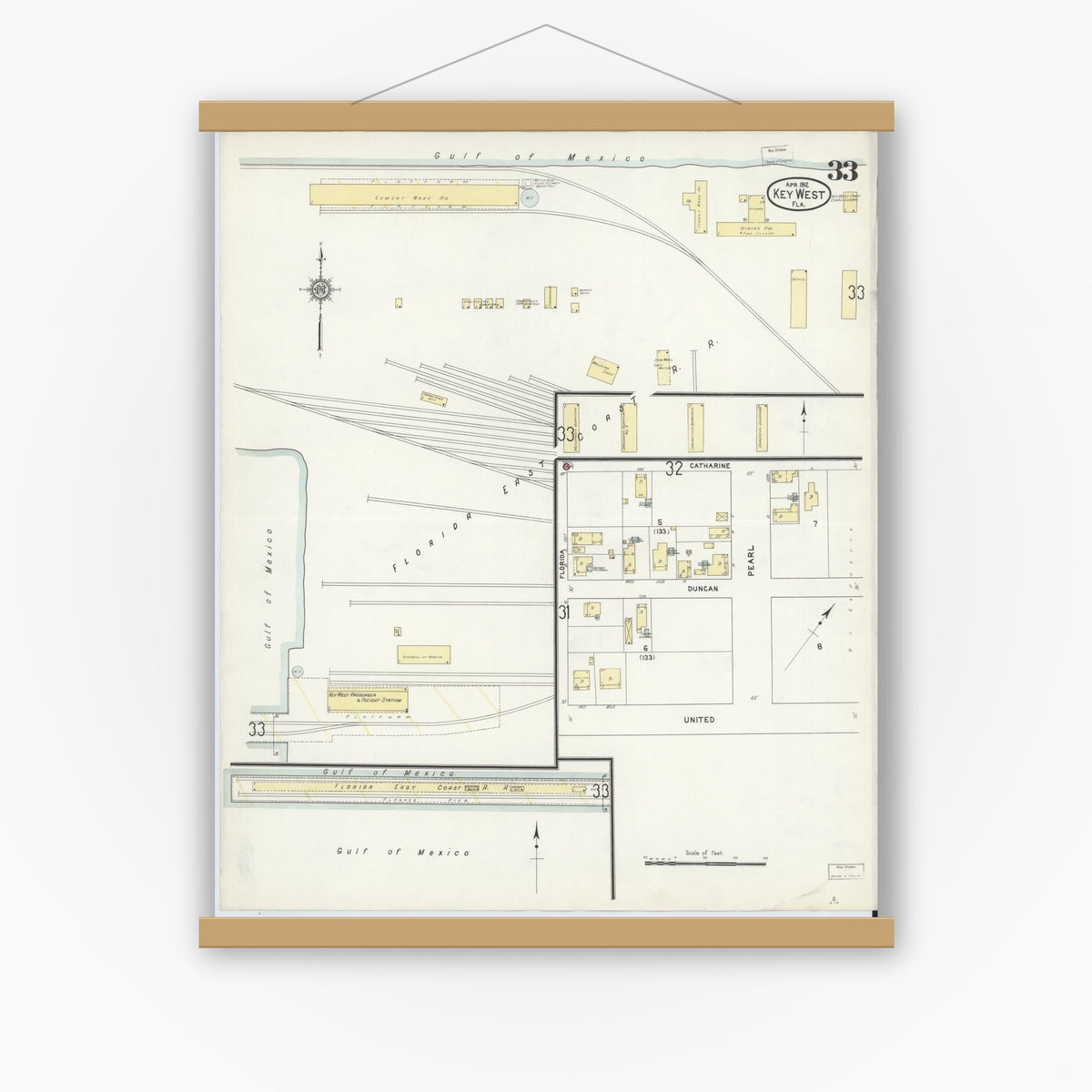 Old map wall art mockup — magnetic wood frame on white wall — Sanborn Fire Insurance Map from Key West, Monroe County, Florida (1912), Sheet #0033