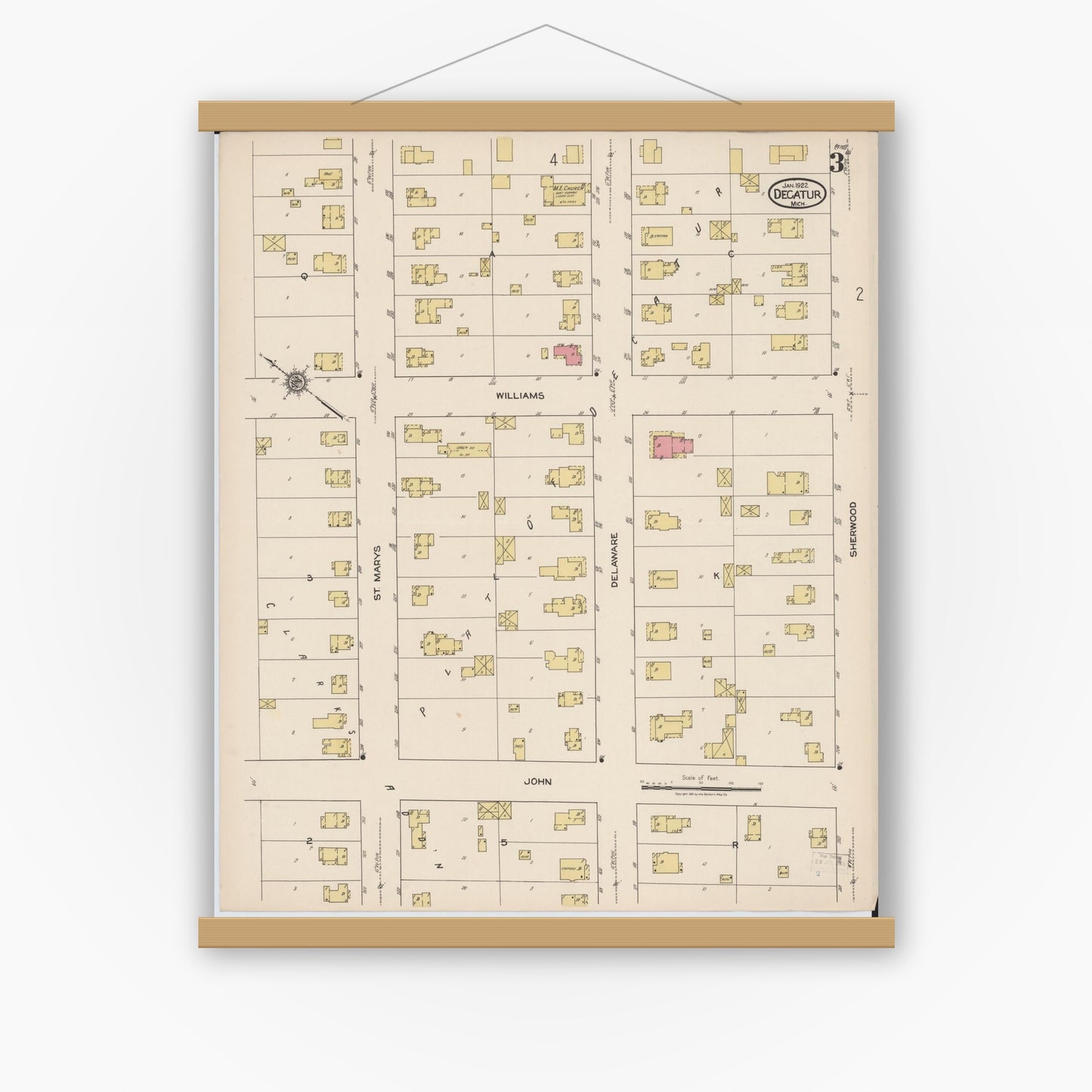 Old map wall art mockup — magnetic wood frame on white wall — Sanborn Fire Insurance Map from Decatur, Van Buren County, Michigan (1922), Sheet #0003