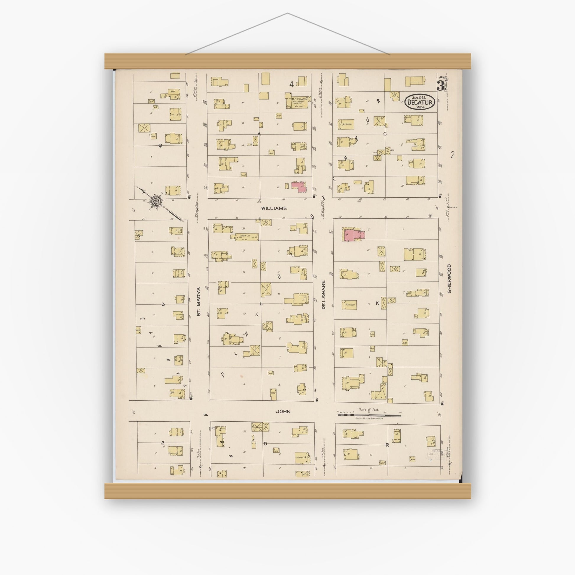 Old map wall art mockup — magnetic wood frame on white wall — Sanborn Fire Insurance Map from Decatur, Van Buren County, Michigan (1922), Sheet #0003