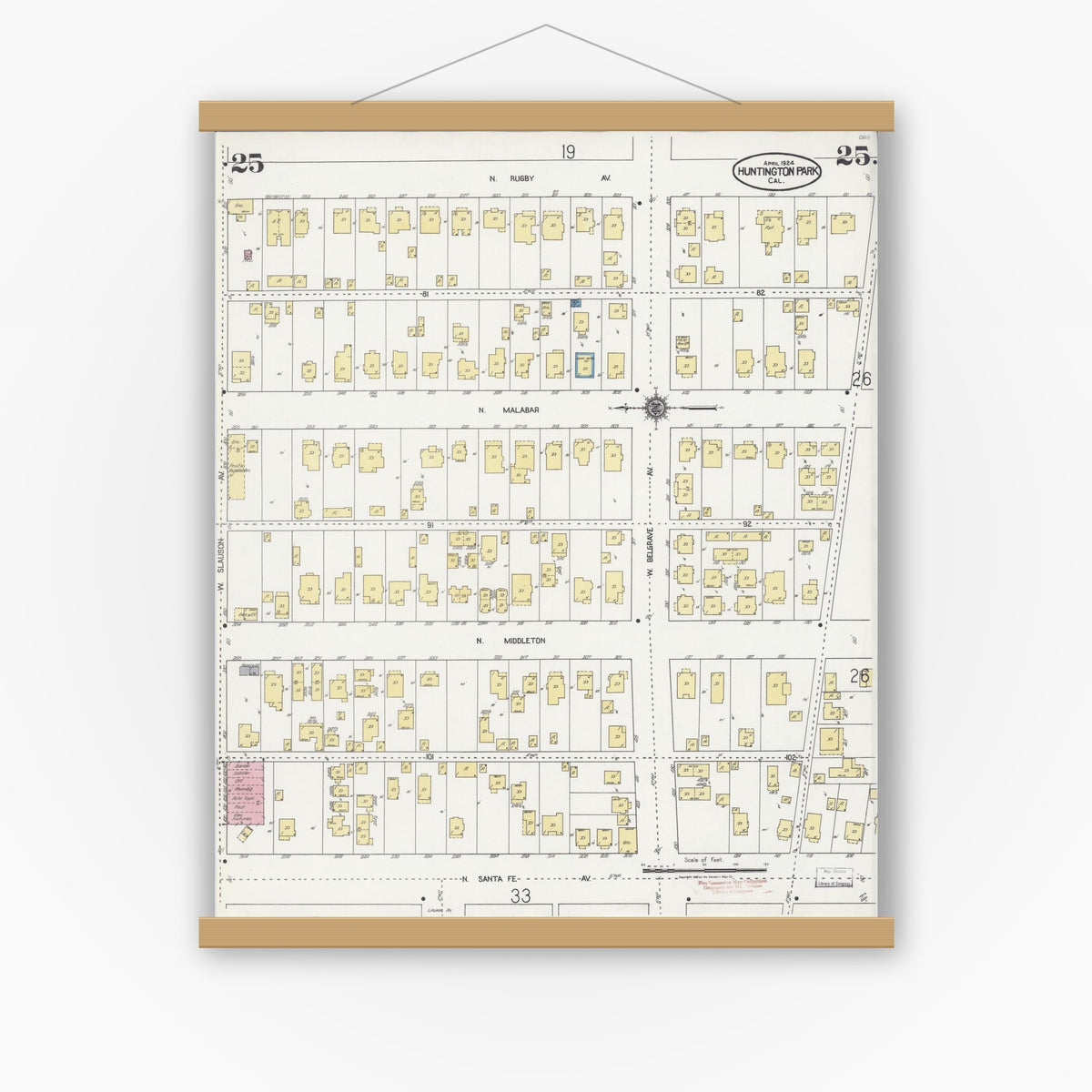 Old map wall art mockup — magnetic wood frame on white wall — Sanborn Fire Insurance Map from Huntington Park, Los Angeles County, California (1924), Sheet #0025