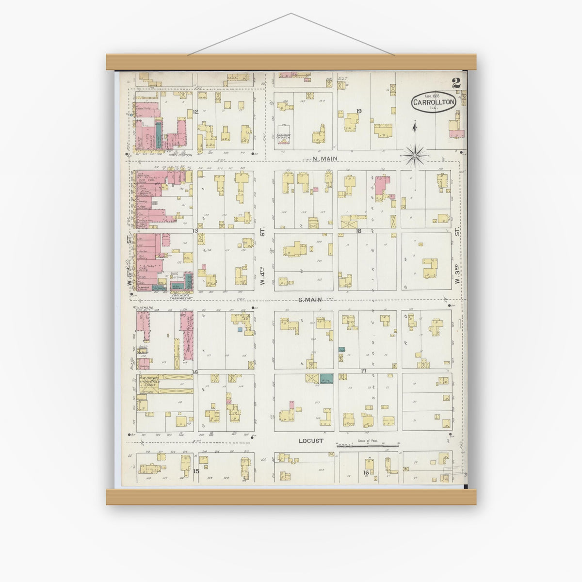 Old map wall art mockup — magnetic wood frame on white wall — Sanborn Fire Insurance Map from Carrollton, Greene County, Illinois (1893), Sheet #0002