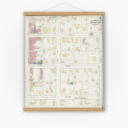 Old map wall art mockup — magnetic wood frame on white wall — Sanborn Fire Insurance Map from Carrollton, Greene County, Illinois (1893), Sheet #0002
