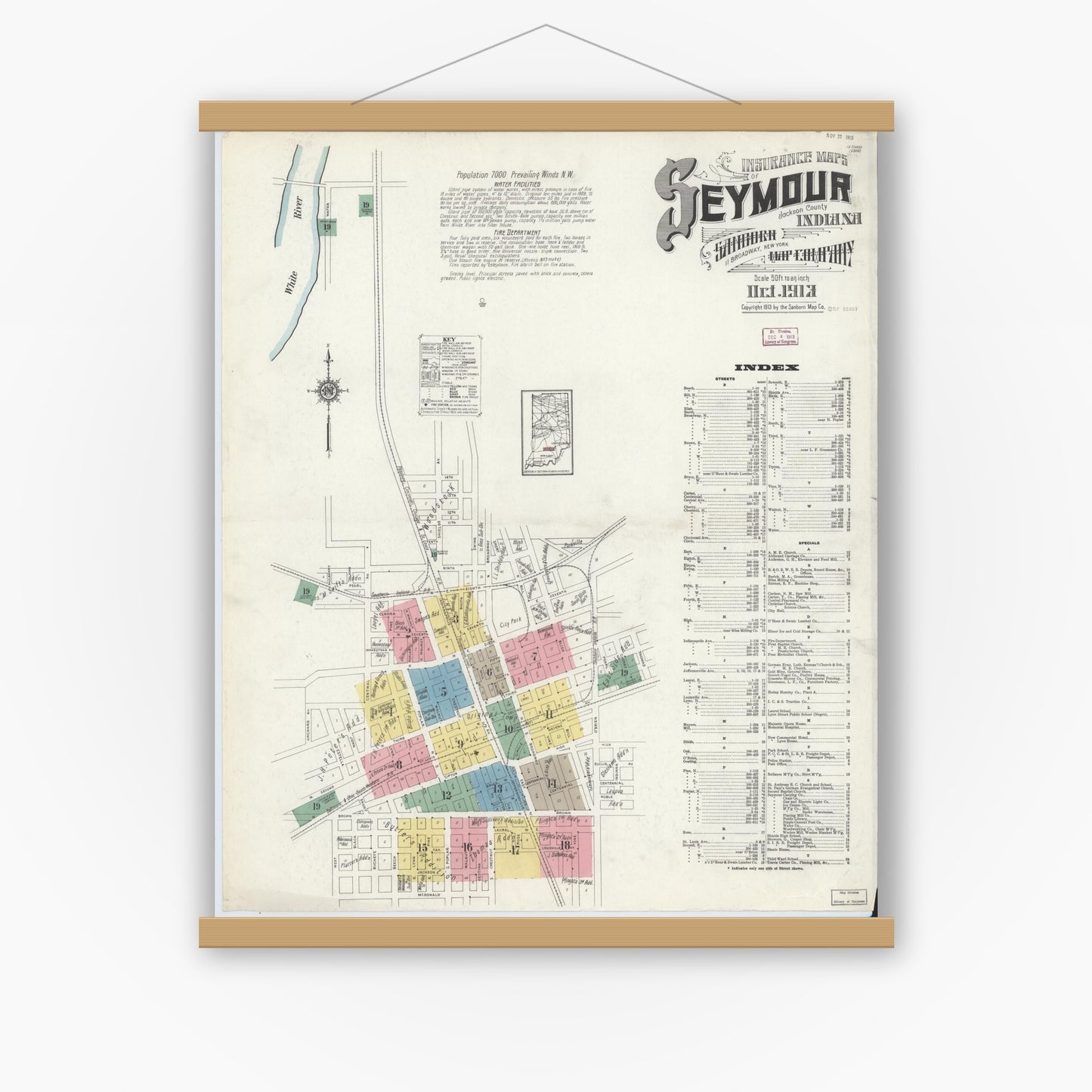 Old map wall art mockup — magnetic wood frame on white wall — Sanborn Fire Insurance Map from Seymour, Jackson County, Indiana (1913) - Complete Map Set